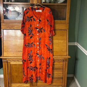 Silhouettes V-Neck Orange with Leaf Pattern Festival Button Maxi Shift Dress 1X